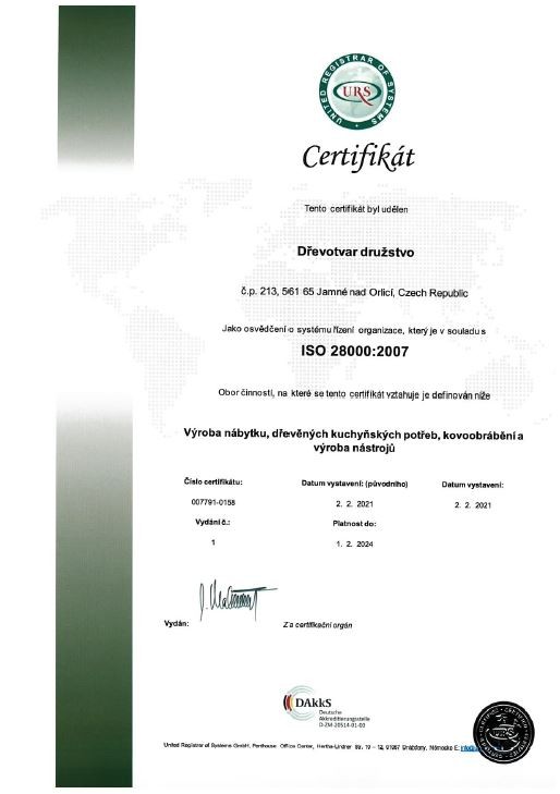 Certifikát ISO 28000:2007 Jamné nad Orlicí