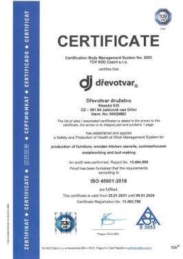 Certificate ČSN ISO 45001:2018